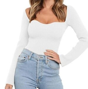 Sweetheart Neckline Sweater 2024 Spring Ribbed Knit Slim Fit Pullover Top Small
